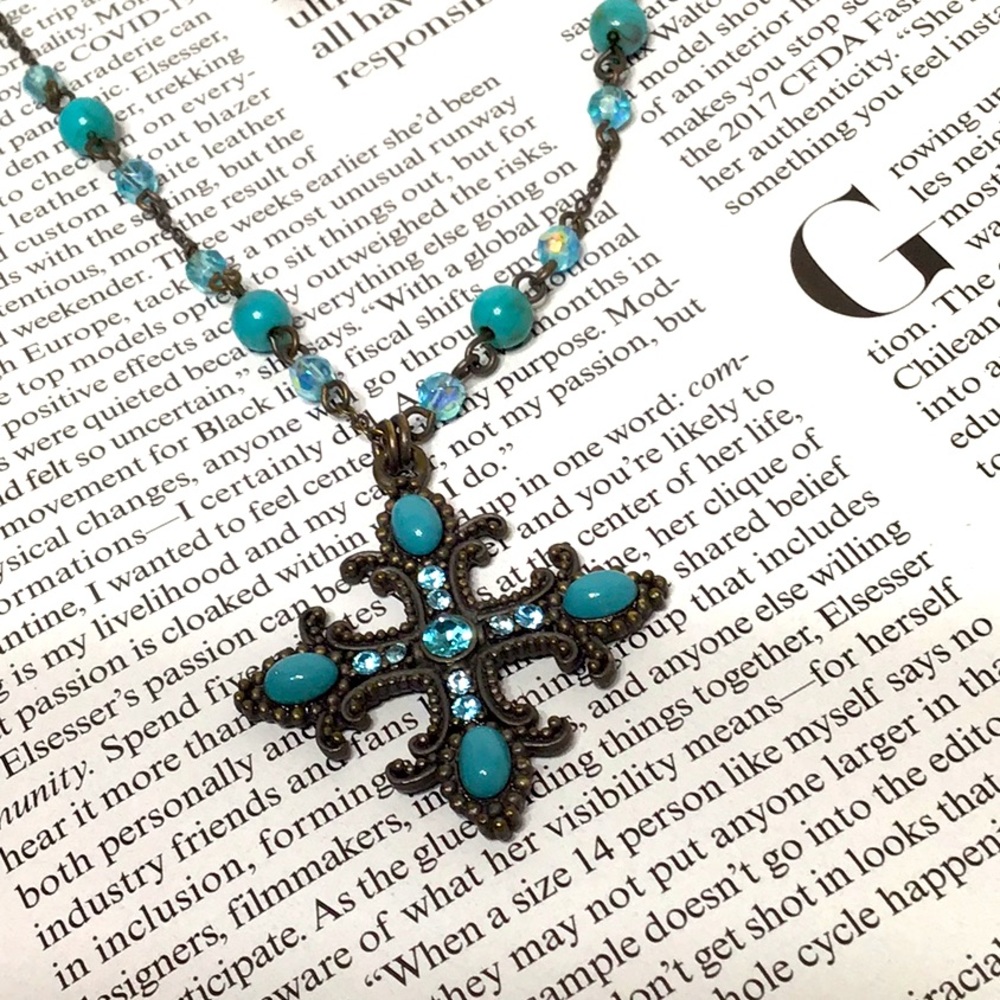Aqua cross necklace romantic vintage look